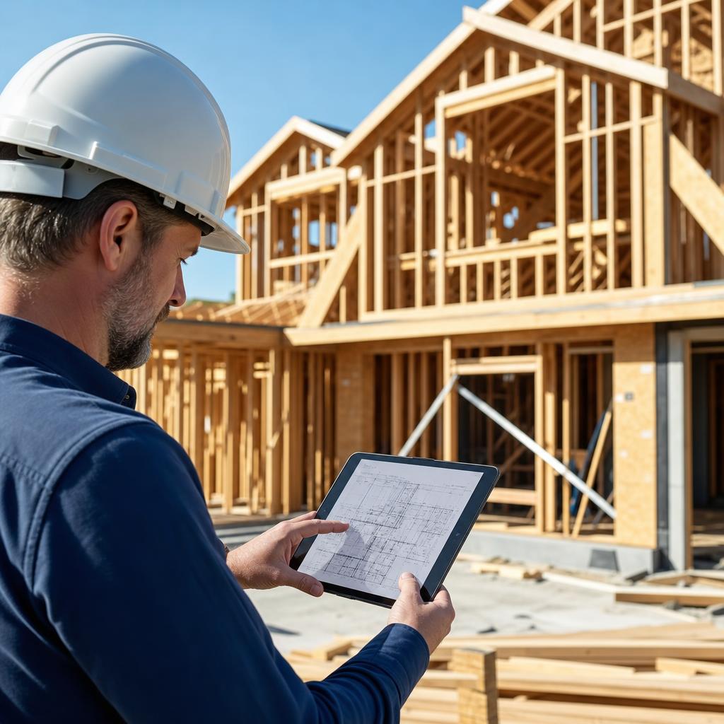 Homebuilder reviewing blueprints on tablet at construction site