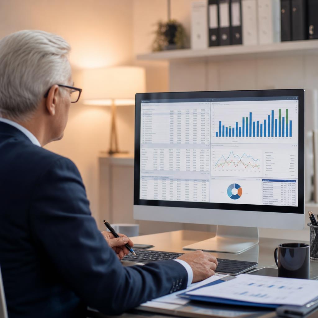 Finance professional reviewing Microsoft Dynamics SL software
