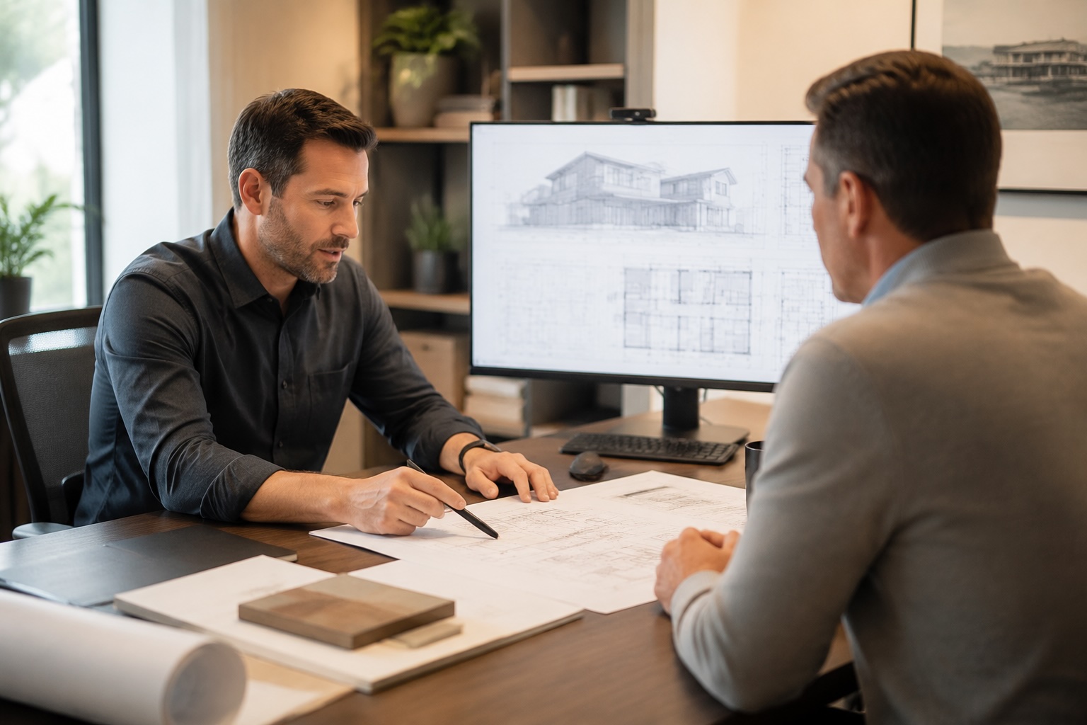A home builder and client reviewing construction plans and change order documents at a desk