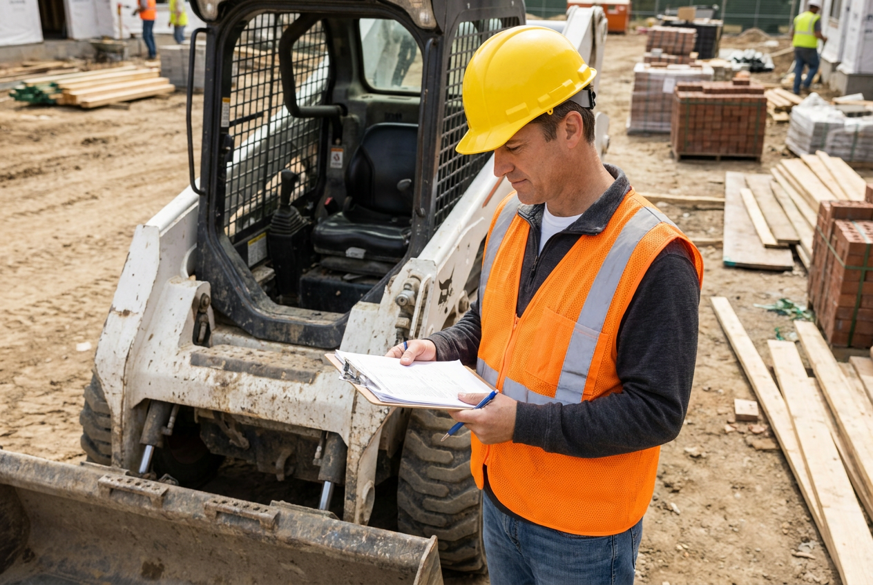 Field supervisor reviewing a maintenance checklist beside heavy construction equipment on an active jobsite