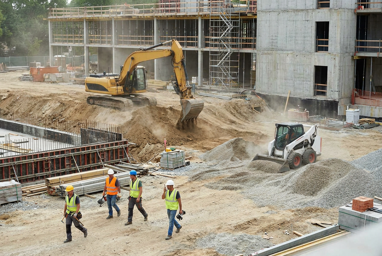 Active commercial construction site with heavy equipment and crews working efficiently in coordinated operation
