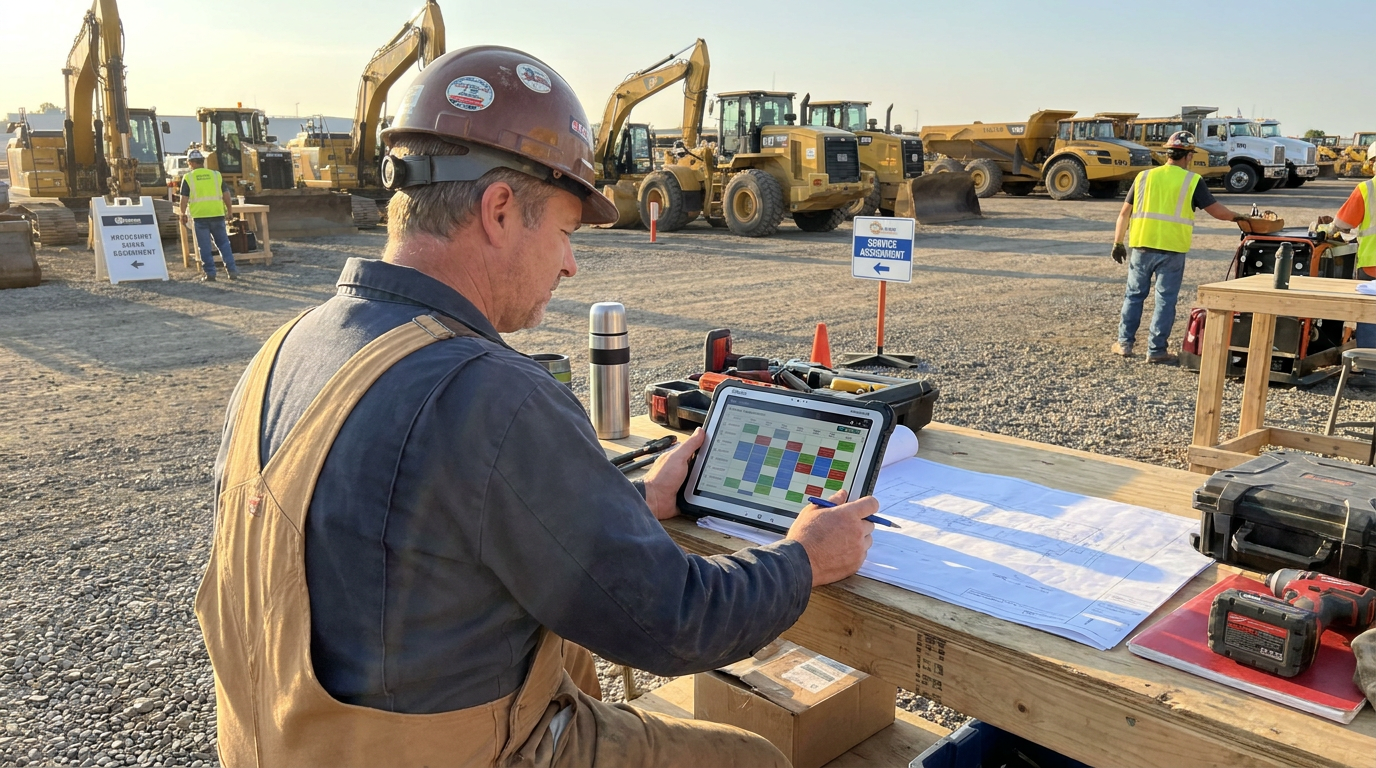 Organized construction equipment yard with a mechanic reviewing service assignments in the morning