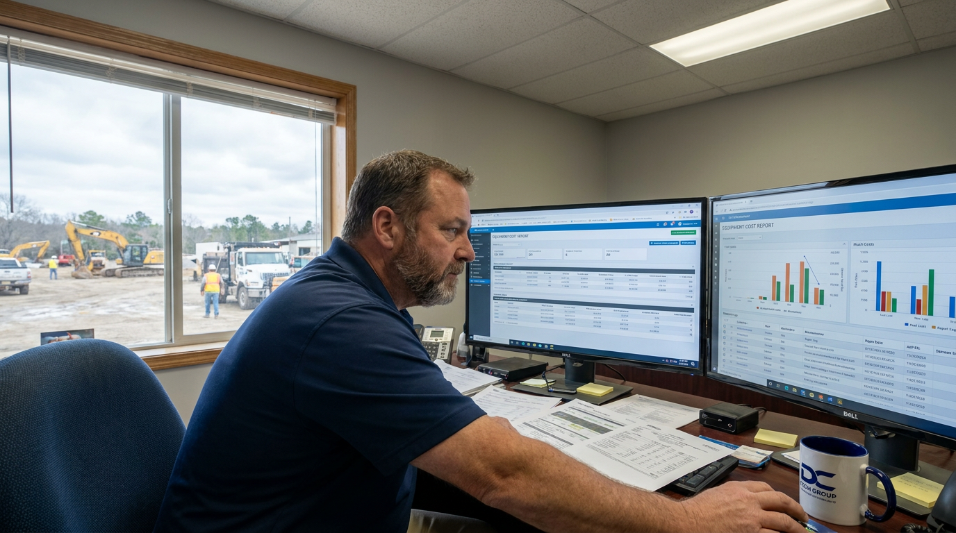 Fleet manager reviewing equipment cost reports in a construction company office