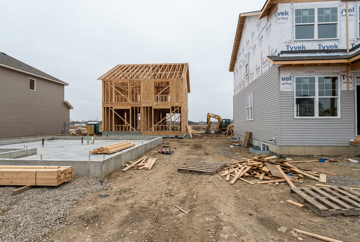 Residential subdivision construction site showing three homes at different build stages, foundation, framing, and near-complete siding, under natural daylight