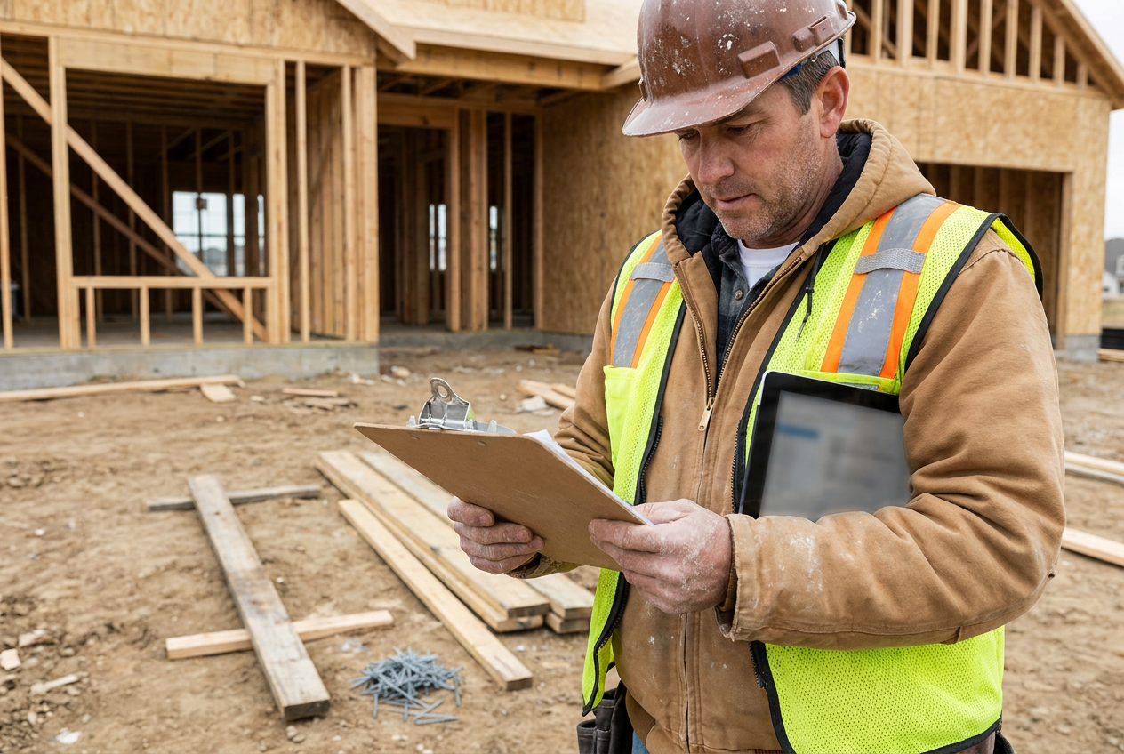 Construction foreman reviewing a clipboard near a partially framed residential home on an active jobsite, dusty boots and scattered lumber visible