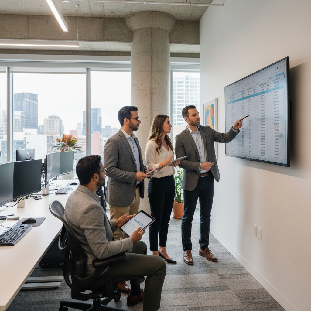 Construction accounting team reviewing multi-entity financial reports and intercompany transactions on a shared screen in a modern office environment