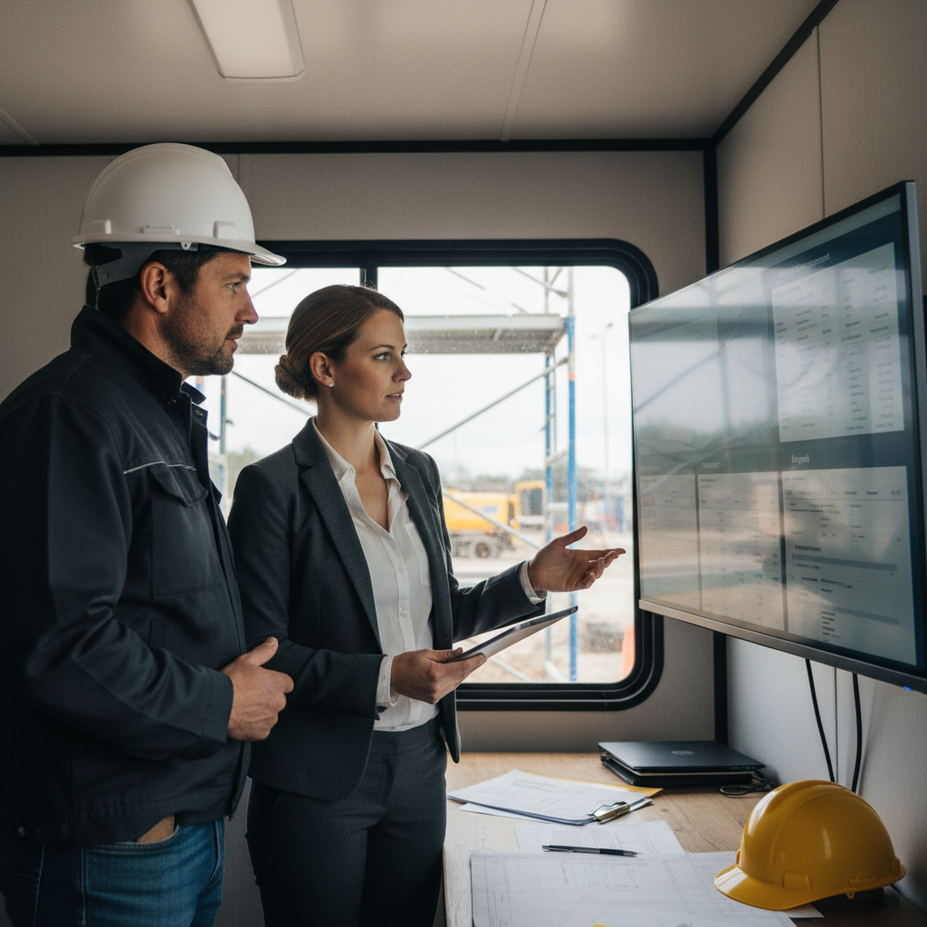 A contractor and ERP consultant reviewing a multi-company ERP dashboard showing project management, payroll, and accounting data integrated in one platform
