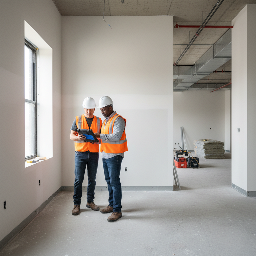 Two construction workers reviewing project closeout items on a tablet inside a nearly finished commercial building