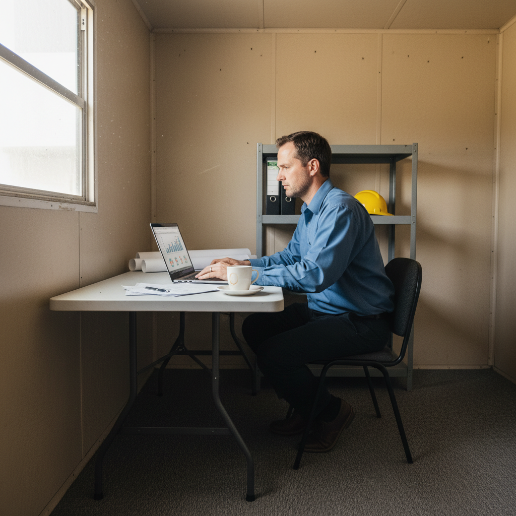 Construction project manager reviewing closeout documentation in a field office