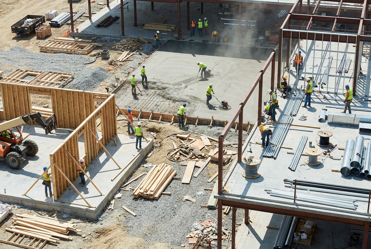 Active commercial construction site with multiple trade crews, framers, concrete workers, and mechanical trades, working simultaneously in separate zones under natural daylight