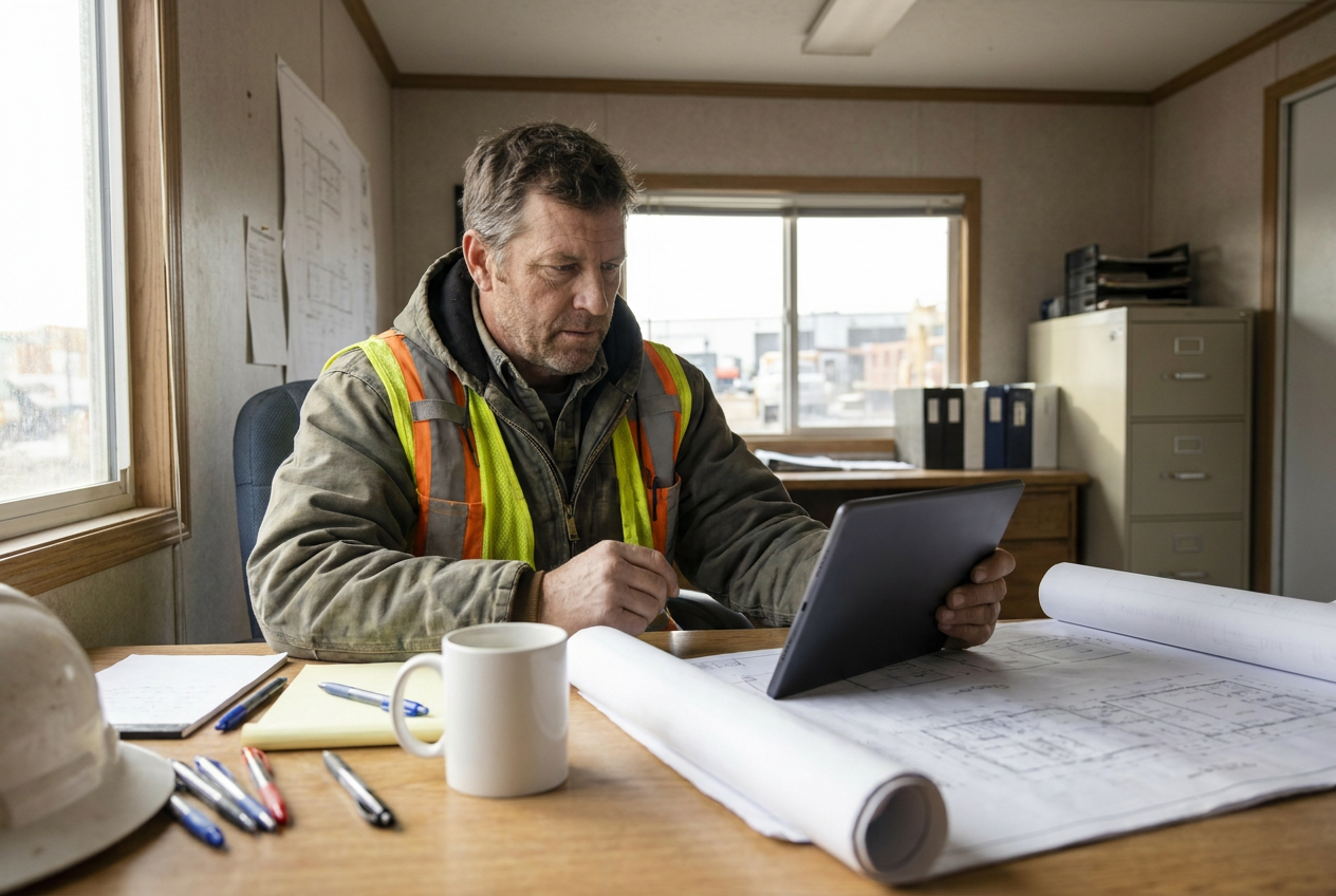 Project manager at a desk reviewing a tablet with blurred screen content, construction drawings and a coffee cup nearby in a naturally lit office